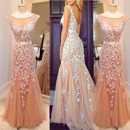 Long Prom Dress, Champagne Prom Dress, Lace Prom..