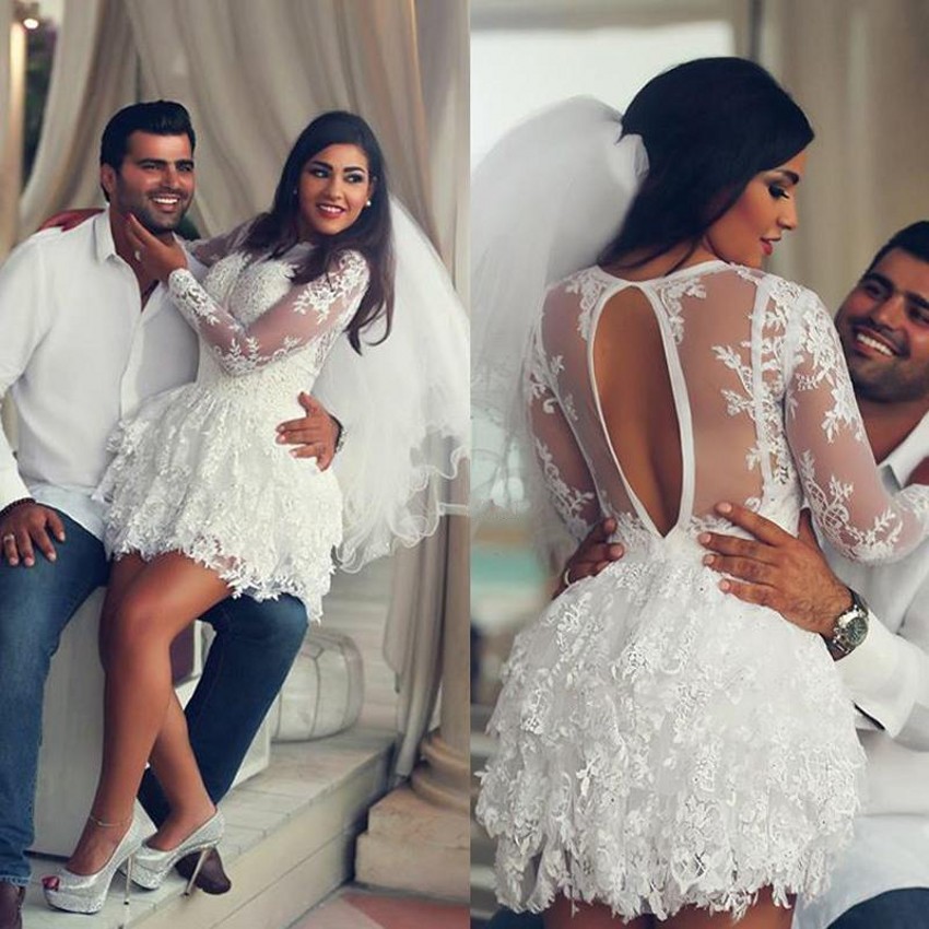 Short Wedding Dresses 2016 White Lace With Long Sleeves Sexy Fashion Open Back Bridal Gowns Beach Style Sheer Dress For Brides Uk1429