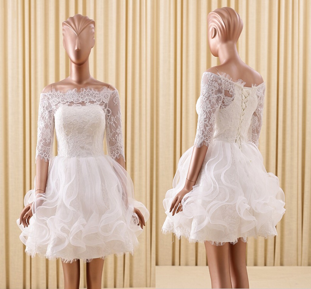Real Image Ball Gown White Short Wedding Dresses Off The Shoulder