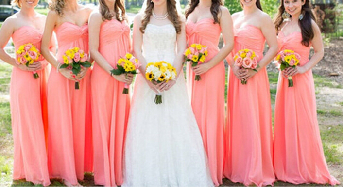 Pretty Handmade Long Coral Chiffon Bridesmaid Dresses Coral