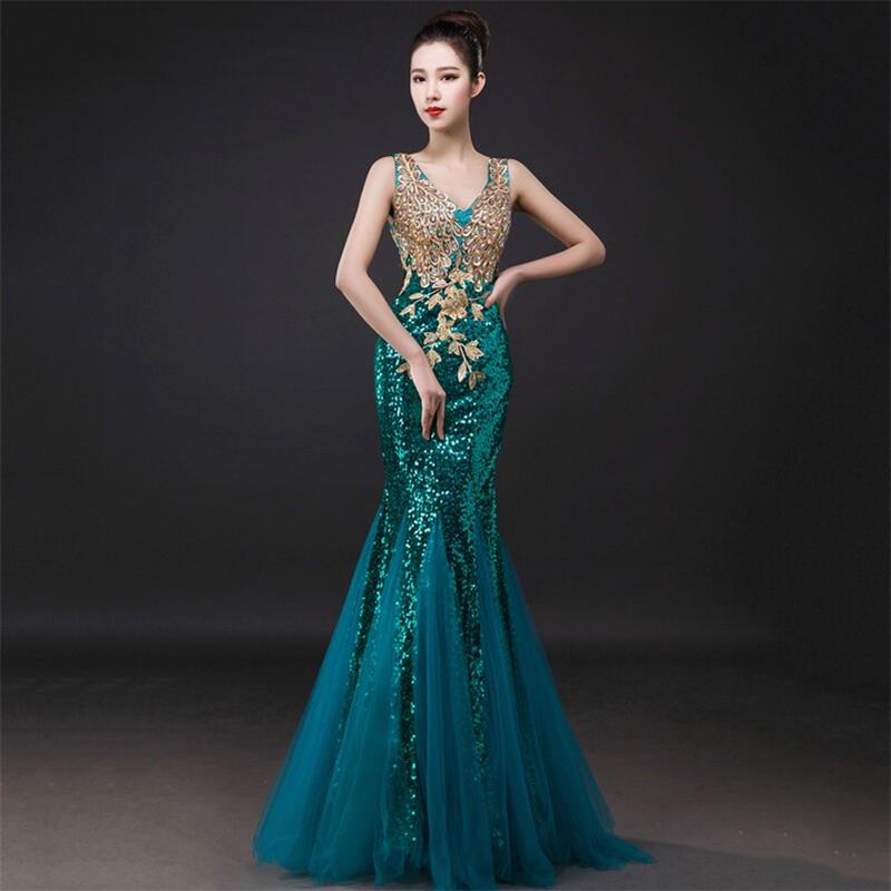 Peacock Green Fashion Evening Dresses Mermaid V neck Embroidery