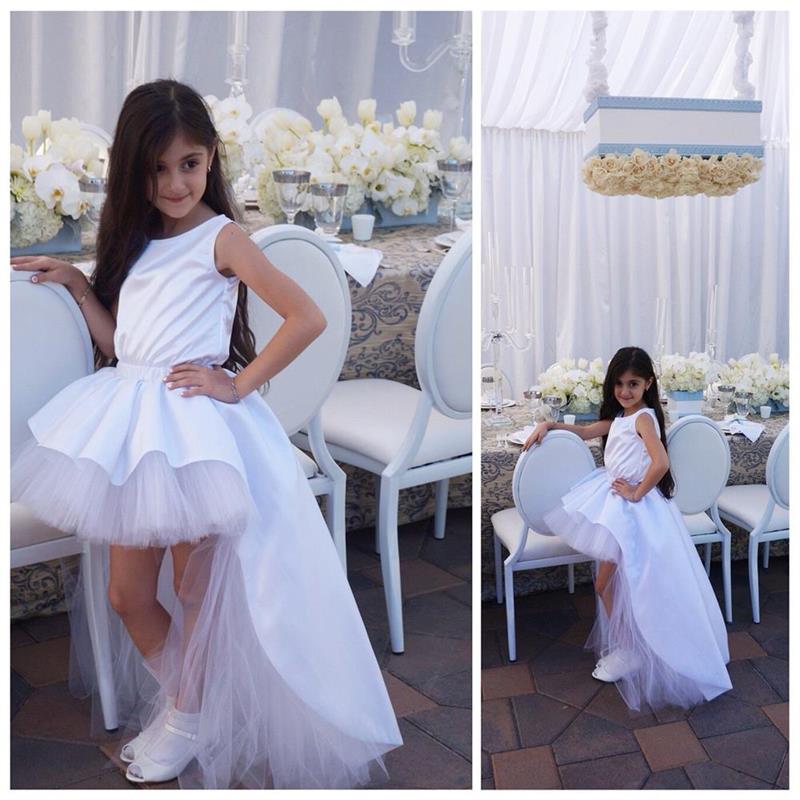 New White Elegant High Low Flower Girl Dresses Ball Gown Child