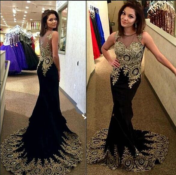 black and gold mermaid prom dress