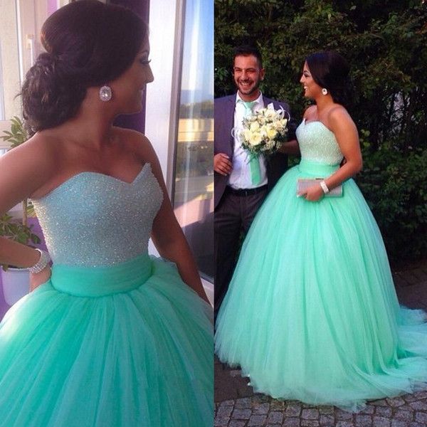 Mint Green Tulle Prom Dress,Sweetheart Neck Ball Gown Evening Dress,Beaded  Party Dress,Elegant Gradu on Luulla
