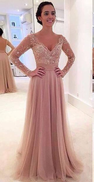 long sleeve pink prom dress