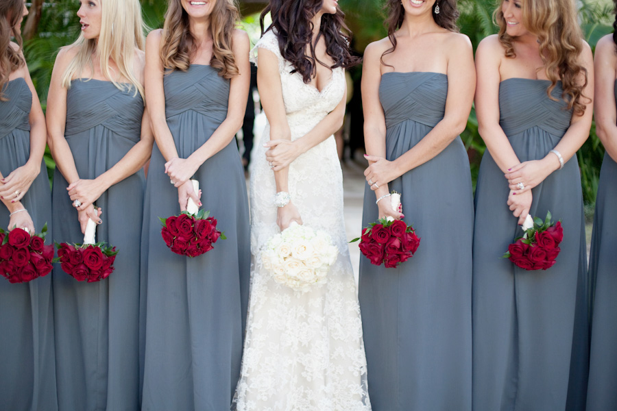 Grey and red top bridesmaid dresses