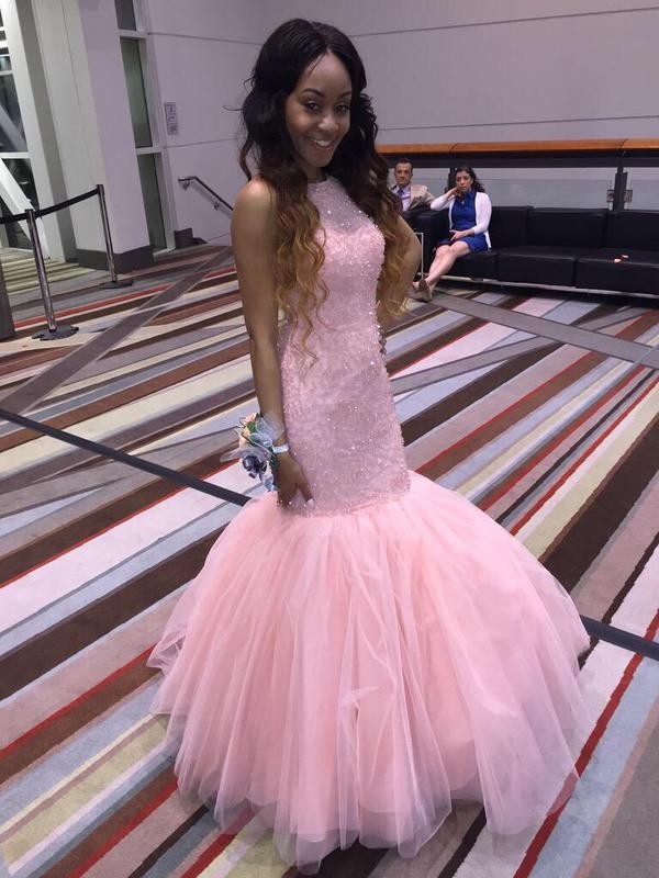 High neck deals beaded prom dress