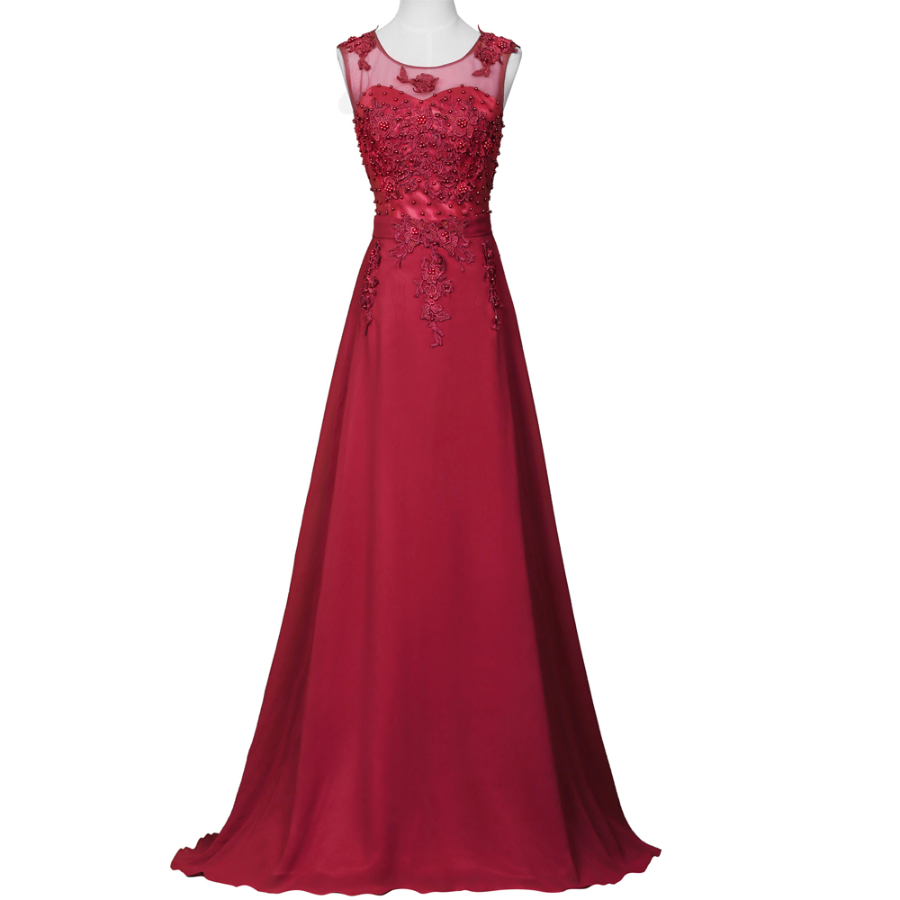 Beautiful Wine Red Long Chiffon Beaded Lace Applique Prom Dresses ...