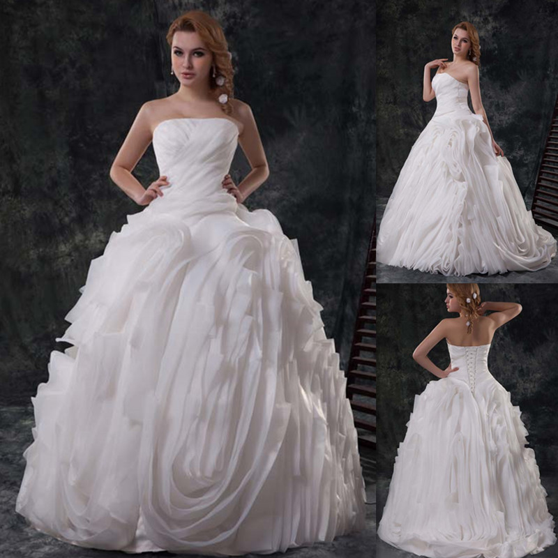 Pretty Wedding Dresses White Organza Strapless Ball Gown Western