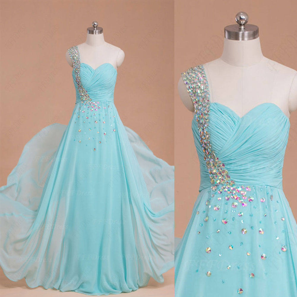 Light Blue Crystal Dragon Ball Gown Fashion Shoulder Sequined