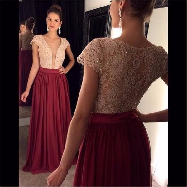 Wine Red Prom Dress Chiffon Long Lace Bodice Sexy Deep V Neck Short Sleeve Cheap Prom Gown UK12359