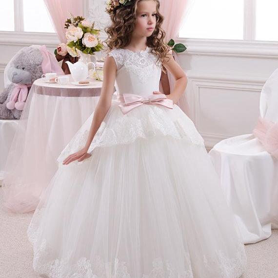 White First Communion Dress With Pink Belt White Flower Girl Dress With ...