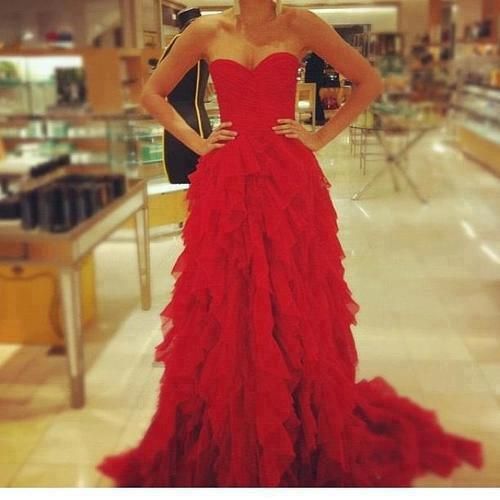 Red Ruffle Long Prom Dress ,Elegant Prom Dress ,Prom Dress With Trains