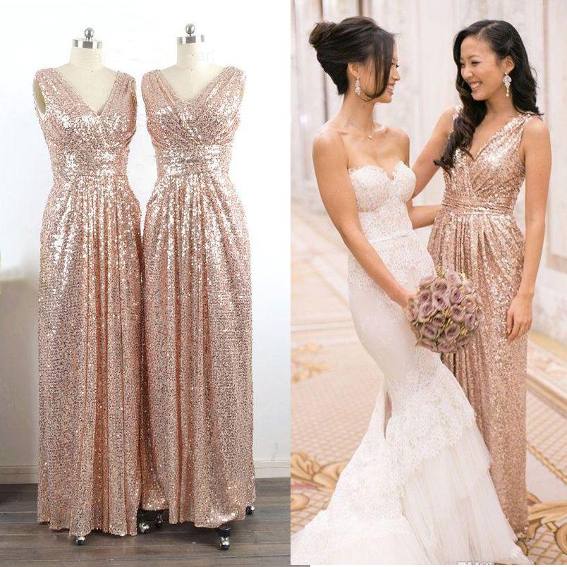 High Fashion V Neck Sleeveless Pleat A Line Floor Length Long Gold
