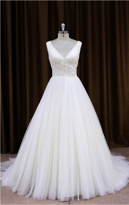 Simple Tulle V Neck A Line Wedding Dress With Sheer Lace Back Uk12871 ...